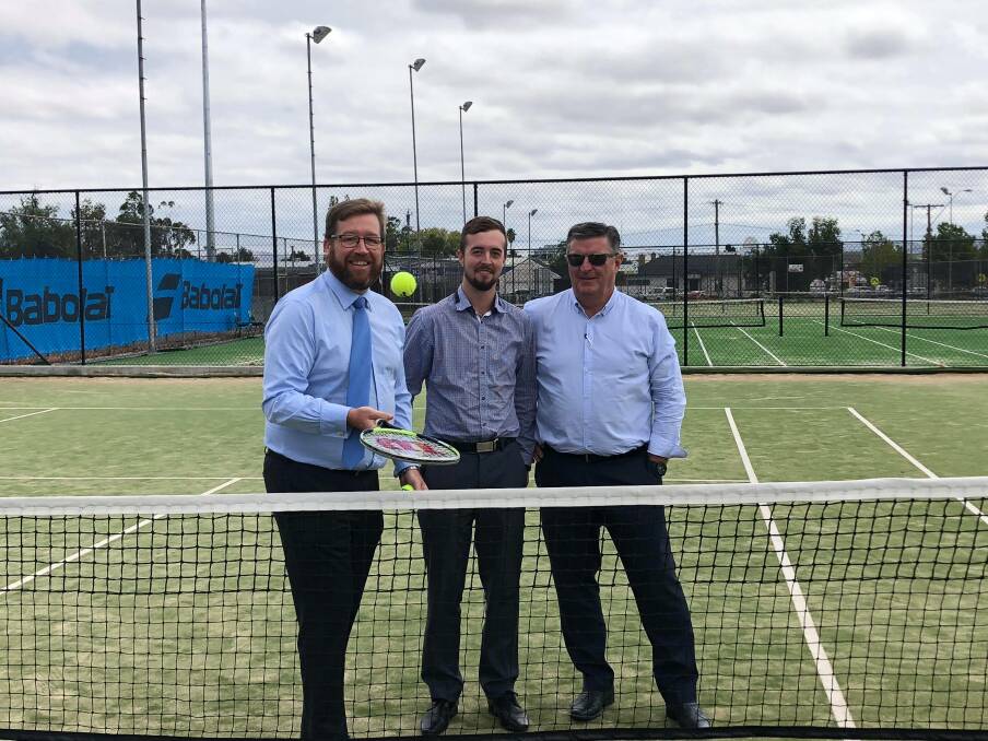 SERVING AN ANCE: Troy Grant, James Hughes and Des Kennedy gathered at the Mudgee District Tennis Club on Tuesday to celebrate the $20,000 funding it received. 
