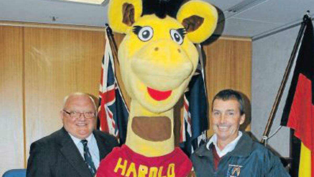 Life Education NSW CEO Jack Bacik with the Life Education Mascot, Healthy Harold, and Nick Kastelein, the Mudgee representative in the Life Education Action Group at the launch of the group in Bathurst last week.	100812 harold