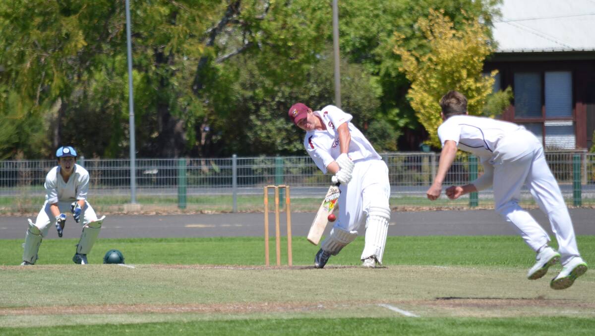 CRUNCH: Cameron Cox hits one of his 10 sixes during his knock of 192 in Mudgee’s win over Orange in the major semi-final of the Mitchell Cricket Council under 21s competition.