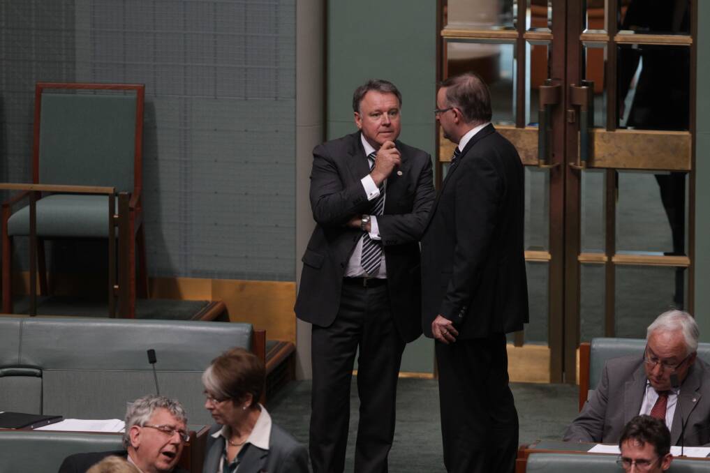 Chief Government Whip Joel Fitzgibbon speaks with Leader of the House Anthony Albanese during Question Time, at Parliament House in Canberra. Photo: Fairfax Media