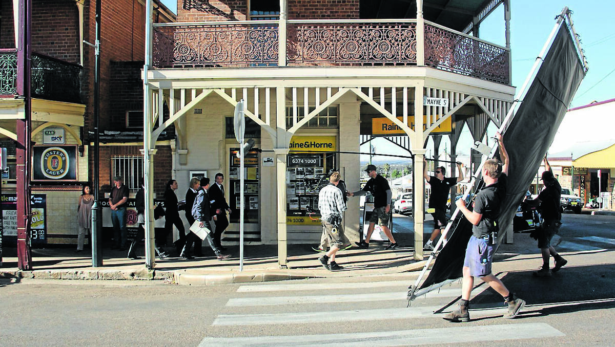 The film crew at work on a scene in Mayne Street, Gulgong.