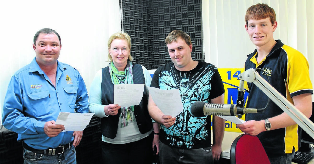 MAKING RADIOWAVES: Lifeskills Plus have begun a radio campaign airing on Real FM/2MG to raise awareness of the organisation’s work. Pictured are Mudgee CRT owner and Lifeskills Plus supporter Scott Needham, Lifeskills Plus CEO Carolyn Peek, of Lifeskills’ ‘Transition to Work’ graduate Chris Rushworth, and Real FM presenter Nathan Lacey.