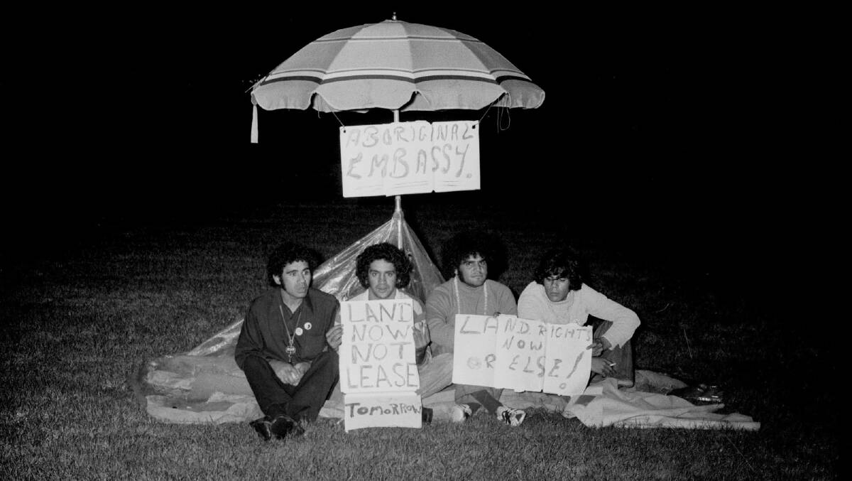 Michael Anderson, Billy Craigie, Bert Williams and Tony Coorey on the first day of the Aboriginal Tent Embassy, January 26, 1972. Picture: State Library of NSW