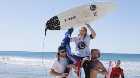 Merimbula's Freya Prumm is crowned Australian surf champion at the open shortboard competition in North Haven Beach, south of Port Macquarie. Photo: Surfing Australia 