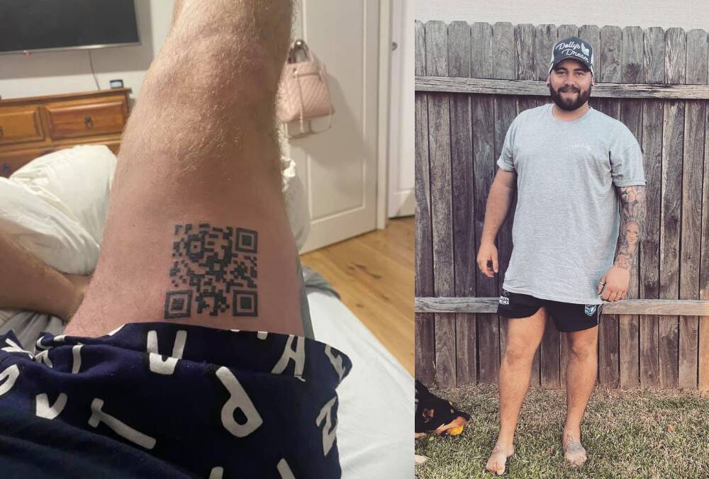 Nowra tradie Jimmy Heffernan decided to mark the QR codes that have become the norm on his leg for life - and it actually works. Images: supplied.
