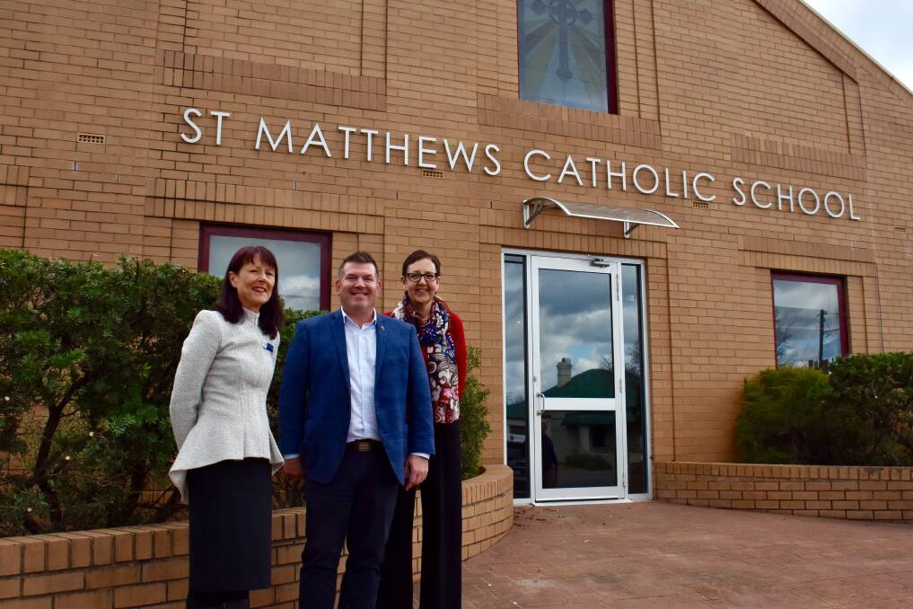 FUNDING: Executive director of Schools for Bathurst Diocese Christina Trimble, MP Dugald Saunders and St Matthew's principal Angela Myles. Photo: Nicolas Zoumboulis 