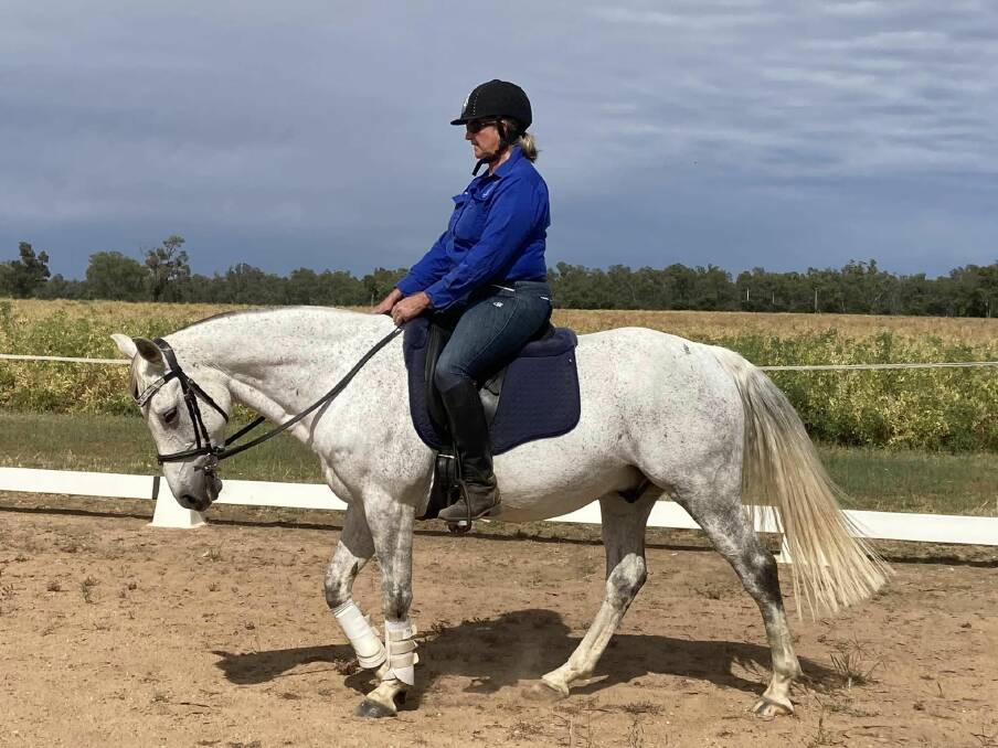 Sue-Ellen Lovett is getting back into riding with the help of two coaches and a new pony, Blue. Picture via Facebook/Lola, Woody & The Blind Chick