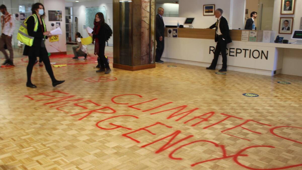 Climate protesters have defaced the inside of the Department of Agriculture, Water and Environment. Picture: Extinction Rebellion.