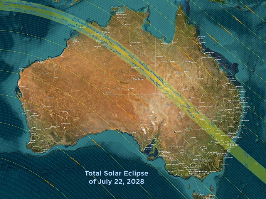 The path of totality for the 2028 total solar eclipse over Australia. Picture by Michael Zeiler/GreatAmericanEclipse.com
