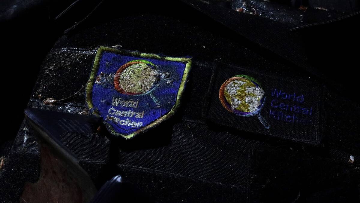 The World Central Kitchen logo on the body of an aid worker killed in Deir al Balah, Gaza. Picture by EPA/Mohammed Saber