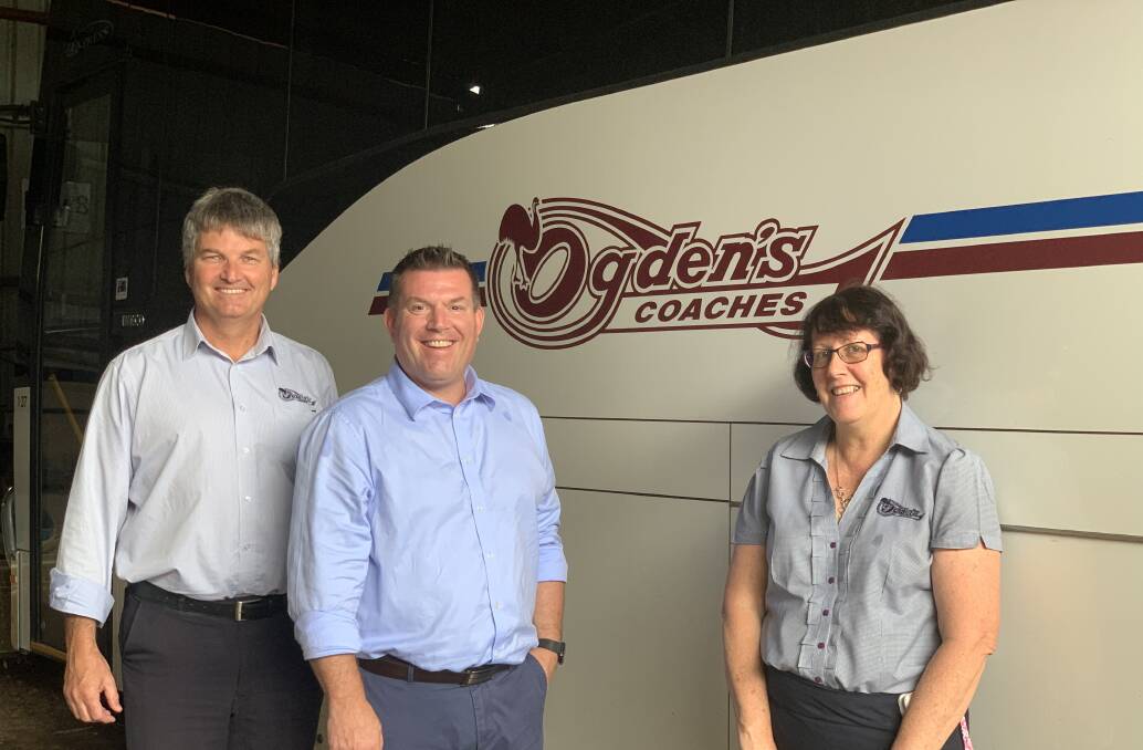On the Road: Dugald Saunders with Jeff Neill and Mandi from Ogdens Coaches ahead of the first Mudgee-Dubbo on-demand coach service.