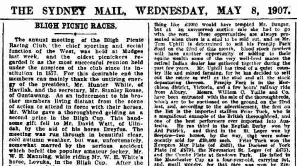 Comprehensive coverage: The Bligh Cup of 1908 in the Mudgee Guardian of May 7, 1908 and repeated in Roy Cameron's book, "When our Beards Were Black.