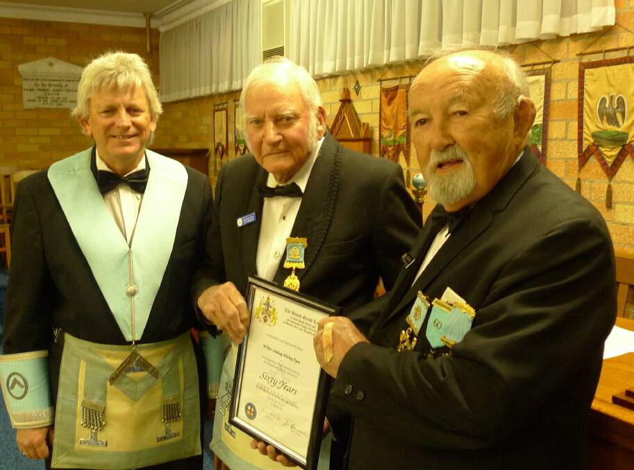 Thank you: Picture L-R W.M., Wor. Bro. Craig Callaghan, Wor. Bro. Lindsay Pyne,  Rt. Wor. Bro. Robert Burns. Serving the community.