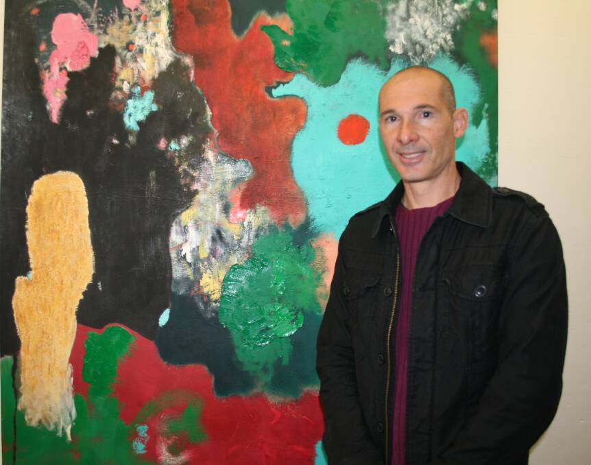 Energy and Art: Leo Cremonese with his large and colourful oil on linen painting, currently at Number Forty Seven Gallery.