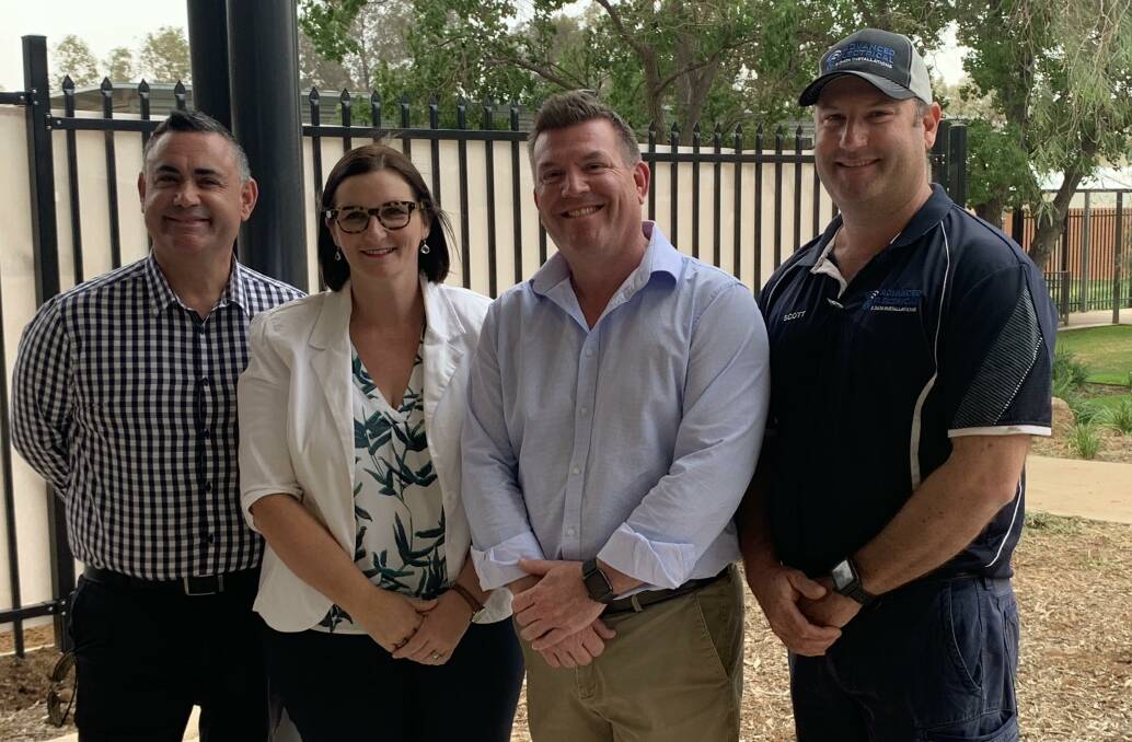 Deputy Premier John Barilaro, Education Minister Sarah Mitchell, Member for Dubbo Dugald Saunders and local electrician Scott Betts at the e-Tender announcement at Yawarra Community School on Tuesday.