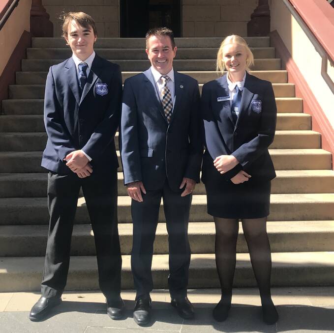 WELCOME: Member for Bathurst Paul Toole with student leaders from Kandos High School Jackson Nassis and Jemma Keeley. Photo: CONTRIBUTED