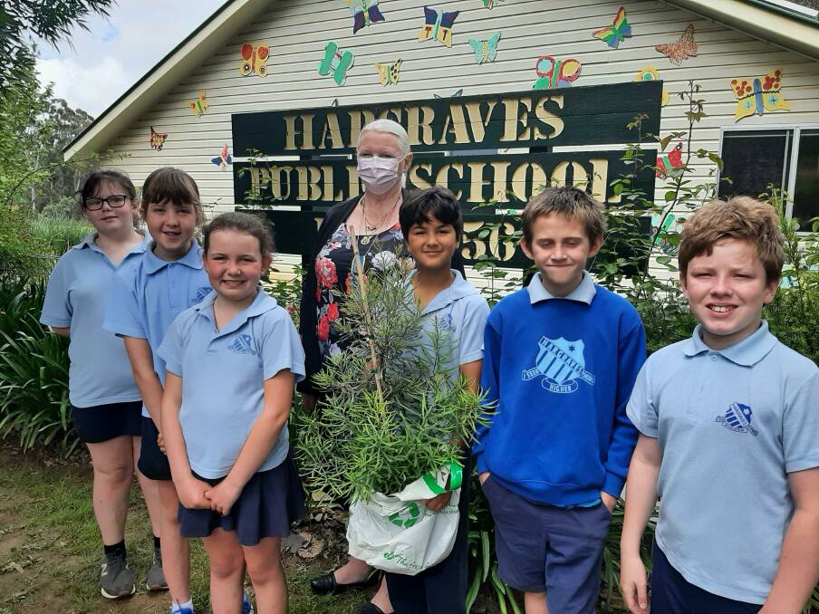 TOGETHER: Hargraves Public School students hold their new Banksia plant with Grattai CWA member Debbie Jordan. Picture: SUPPLIED 
