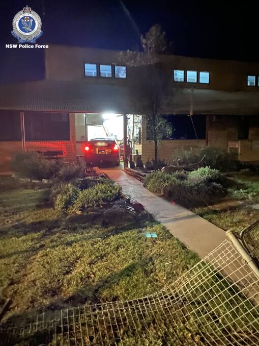 Major damage: A man has been charged after a car slammed into the Lightning Ridge Police Station on November 17. Photo: NSW Police
