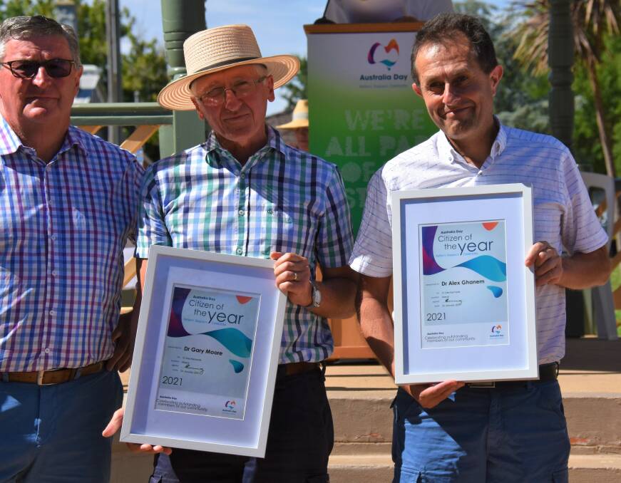 AWARD: Mayor Des Kennedy with Dr Gary Moore and Dr Alex Ghanem who were both awarded Citizen of the Year at the 2020/2021 Mudgee Australia Day ceremony. Picture: JAY-ANNA MOBBS