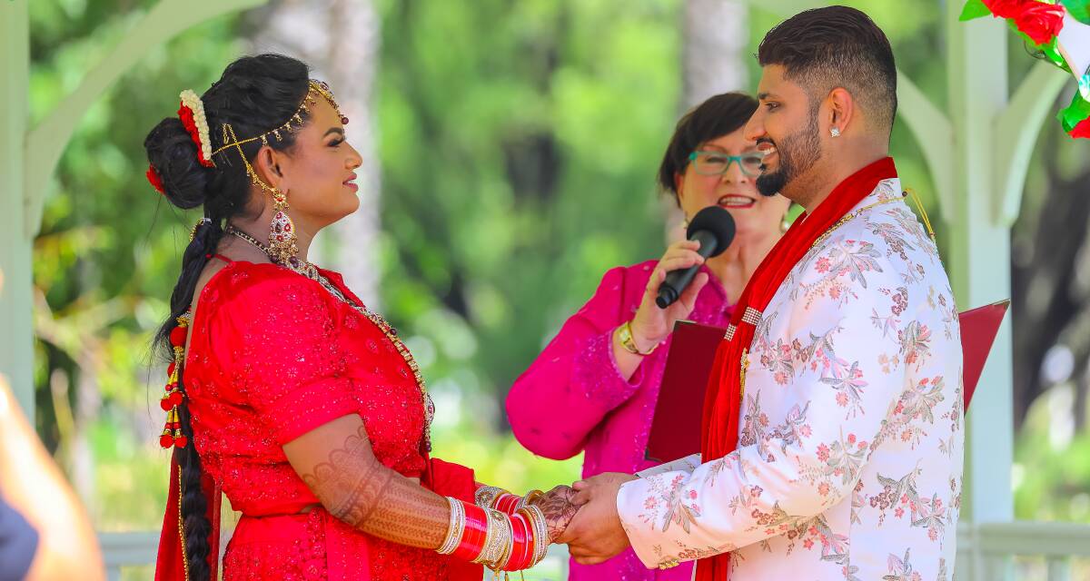 TOGETHER FOREVER: Swastika Nandini and Shiv Sonny tied the knot on Saturday with Victoria Smith-Webb as marriage celebrant, following their brush with fate two years ago. Photo: Simone Kurtz