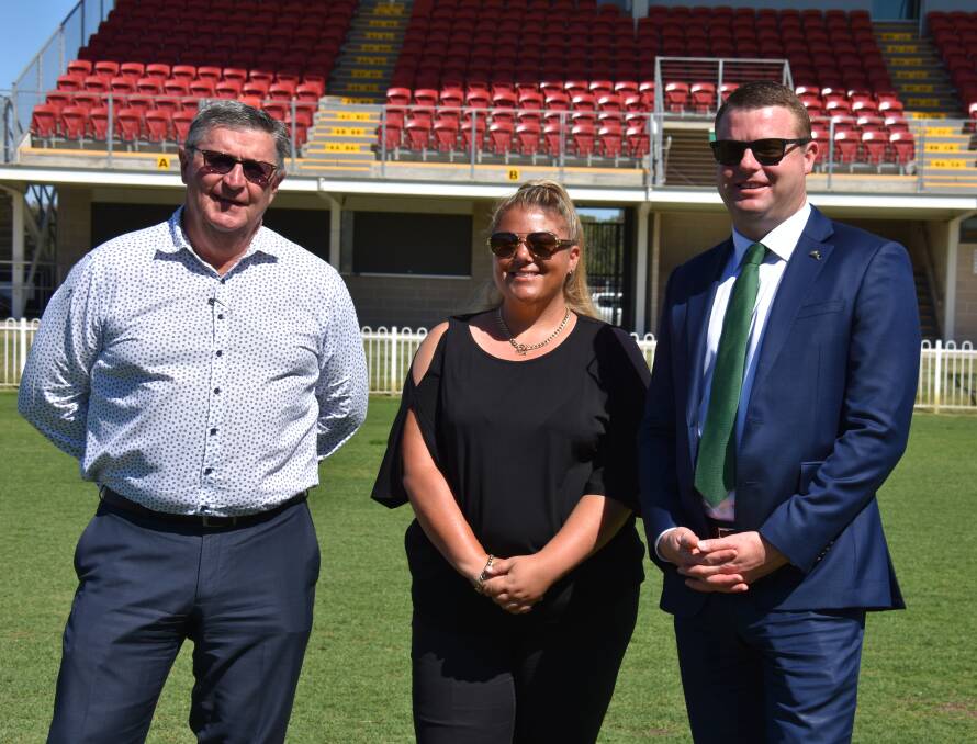 EAGER TO PLAY: Mid-Western Region mayor, Des Kennedy, Souths Cares general manager, Alisha Parker-Elrez with Souths Sydney Rabbitohs CEO, Blake Solly. Photo: Jay-Anna Mobbs