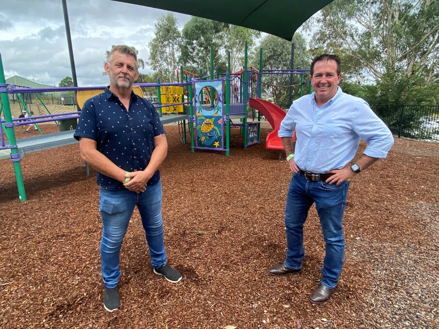PLAYTIME: Councillor Peter
Shelley with Member for Bathurst Paul Toole at Rylstone Park. Picture: SUPPLIED