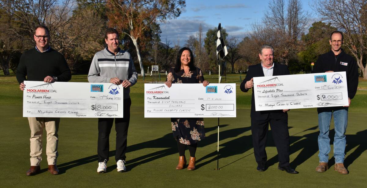 THANK YOU: Dean Saxby, Peter Mayson, Michele Mini, Owen Rogers and Graham Chase at the Moolarben Coal Celebrity Golf Classic cheque presentation on June 17. Photo: Jay-Anna Mobbs