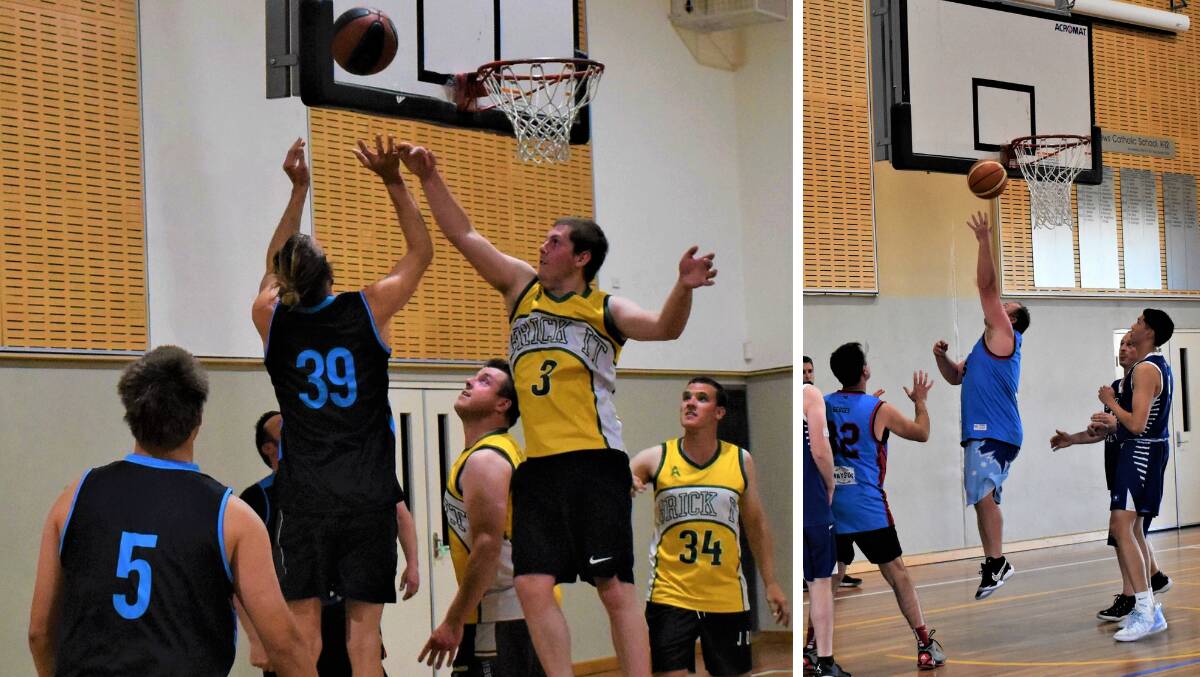 SHOT: (left) Ben Thompson (#39) sinks two points against determined but unsuccessful attention from Ethan Millsom (#3) while (right) Brett Murphy (Maysos Pro Shop) hits an open two points as Stride Health look on. Pictures: SUPPLIED