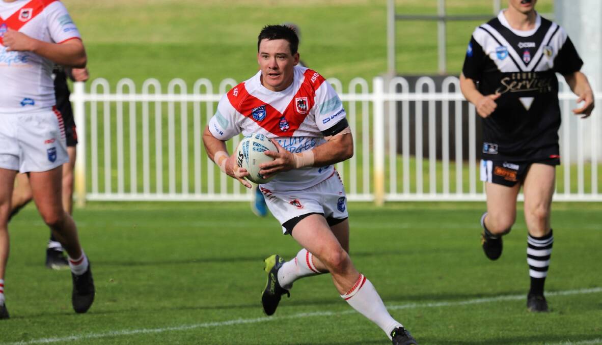 Ben Thompson moments before scoring a try in the Mudgee Dragons' round eight game against the Cowra Magpies. Picture: Pete Sib's Photography