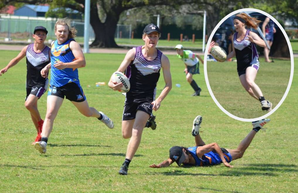 ALMOST MADE IT: Mudgee mixed open player Toby Forrest leaves a Nelson Bay defender eating grass (Kimberley King, insert). Photo: Supplied
