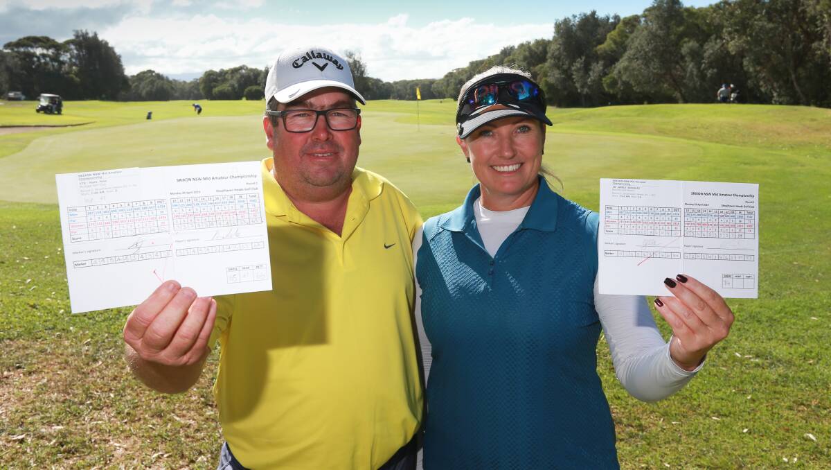 RECORD BREAKERS: Mark Hale and Adele Douglas have carded course records at Shoalhaven Heads during round two of the Srixon Mid-Amateur. Photo: Golf NSW