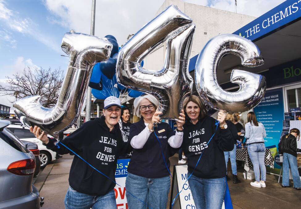 Myff Clarke, Coral McFarland and Neree Suttor on Jeans for Genes day outside of Mudgee's Blooms the Chemist on Church Street. Picture: Amber Creative