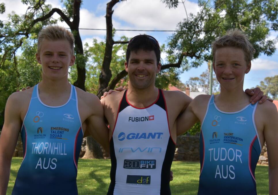 TRIATHLETES: Orange juniors Rory Thornhill (left) and Tom Tudor (far right) were fierce competitors in the Mudgee leg of interclub but couldn't quite match the strength of Bathurst's Nick North (middle). Photo: Jay-Anna Mobbs
