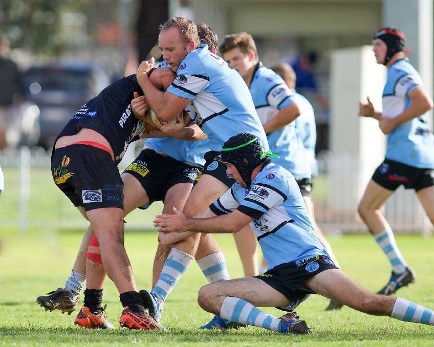 The Gulgong Terriers break through Baradine's defence in the round six derby. Picture: Peter Sherwood Photography