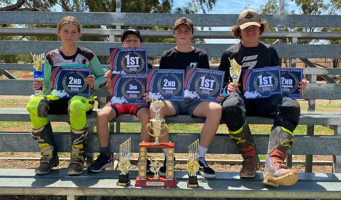 CHAMPIONS: Tabitha Newcomb, Jake Doyle,Tom ODwyer, and Jeremy Waters. Photo: Mudgee Dirtbikes Facebook page