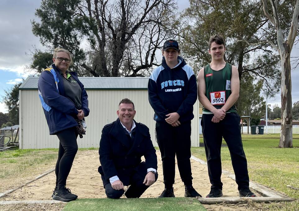 Gulgong Little Athletics president Jo OLoughlin, Dugald Saunders MP and Gulgong athletes, Aiden Barnes and Jeremy Wood. Picture: Supplied