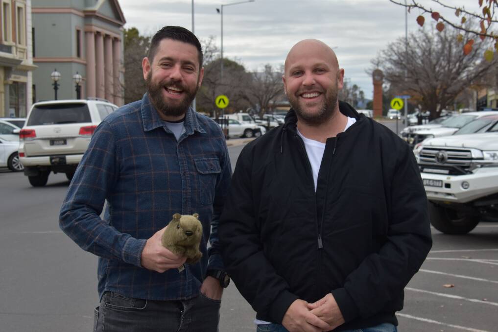 Kevin Parker and Mitch Gibbons from The Crafty Wombats with their mascot Wally. Picture: Jay-Anna Mobbs