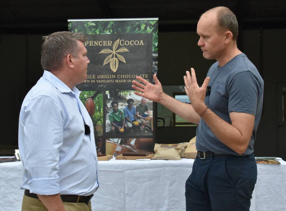 GOODNESS: Spencer Cocoa's head chocolate maker, Luke Spencer explaining the process to Member for the Dubbo Electorate, Duglad Saunders. Picture: JAY-ANNA MOBBS