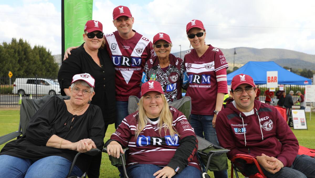GO MANLY: (front) Margaret, Sue, Kevin, (back) Rielle, Jason, Annette and Michelle at last year's Manly game in Mudgee. Picture: SIMONE KURTZ