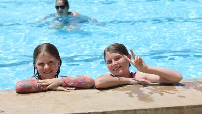 SUMMER FUN: Addie McDonnell and Lani O'Connell at the 2021 Gulgong Summer pool party. Picture: SIMONE KURTZ