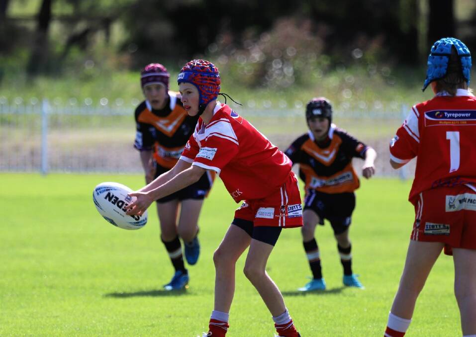 The under 13s Mudgee Dragons red in action against the Lithgow Storm on May 7 this year. Picture: Pete Sib's Photography