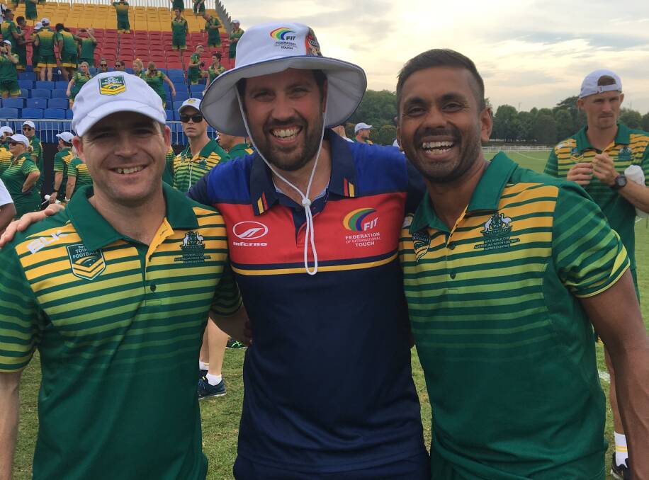 WE MADE IT: Justin Gossage, Ben Harris, and Roy Prasad represented Australia at the Touch World Cup early this month. Photo: Supplied