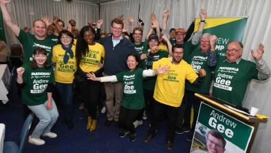 Andrew Gee and his supporters celebrate a resounding win in Calare. Picture: Jude Keogh