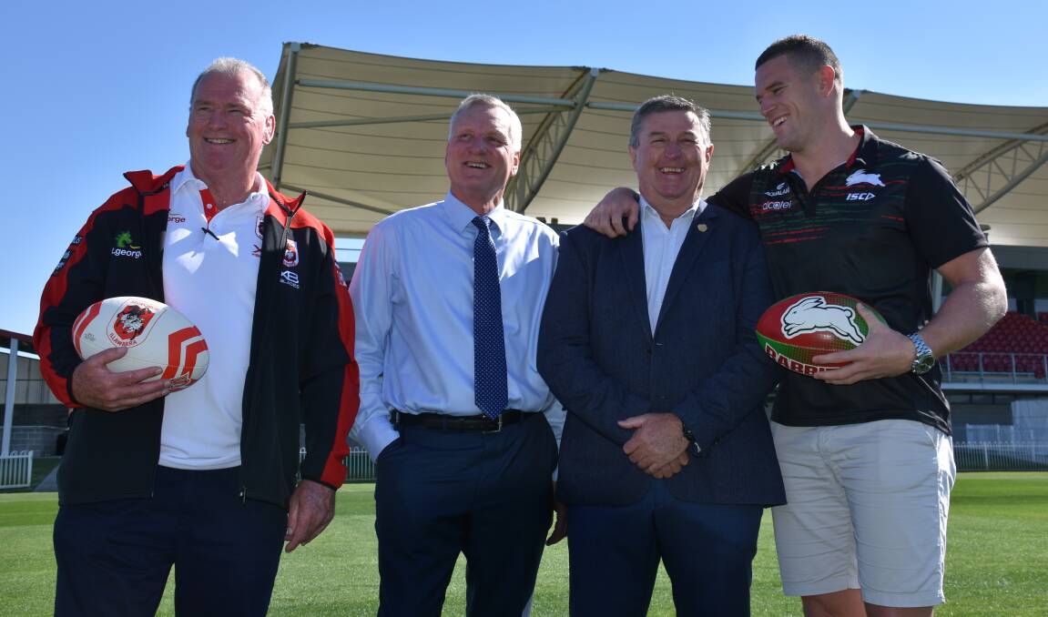 ANNOUNCEMENT: Craig Young, Brad Cam, Des Kennedy and Luke Burgess announce St George Illawarra and South Sydney will return to Mudgee in 2020. Photo: Jay-Anna Mobbs