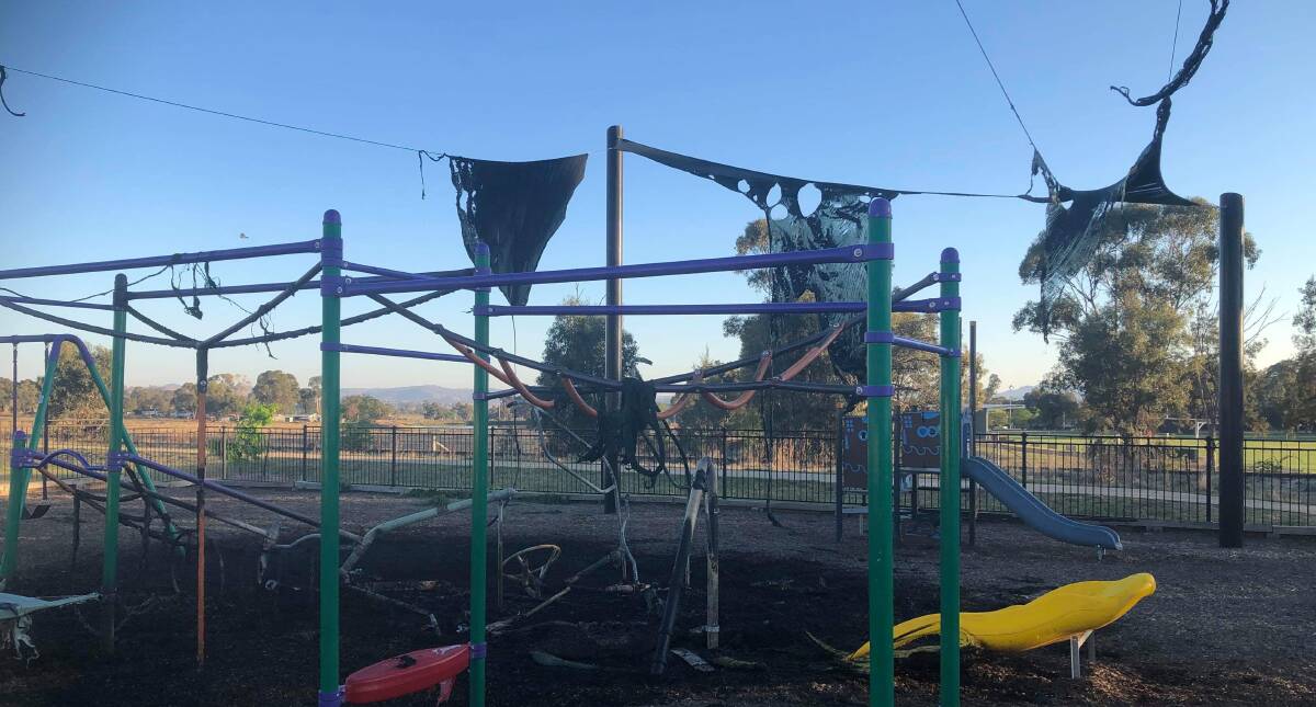 DESTROYED: The playground located at White Circle, Mudgee was destroyed last night by a fire. Photo: Real FM 