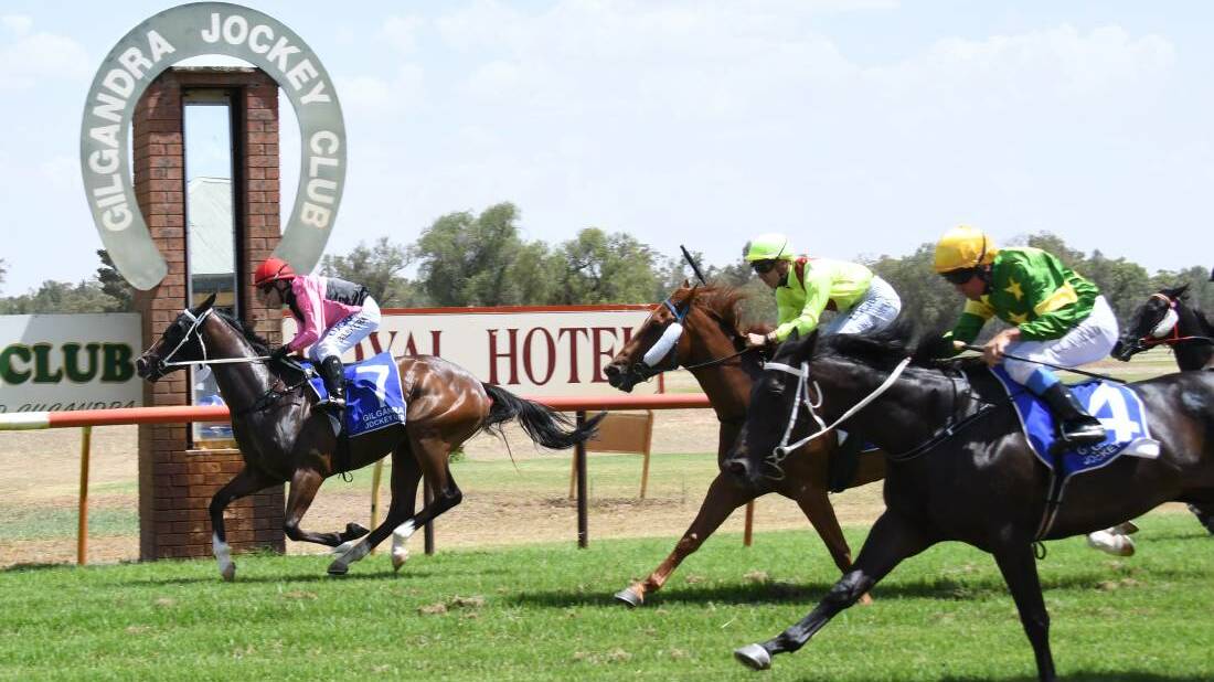 IN IT TO WIN IT: Brett Thompson trained Moon Over Menah (pink silks) to run in race eight at August 16 Dubbo Turf Club race meet. Photo: Amy McIntyre