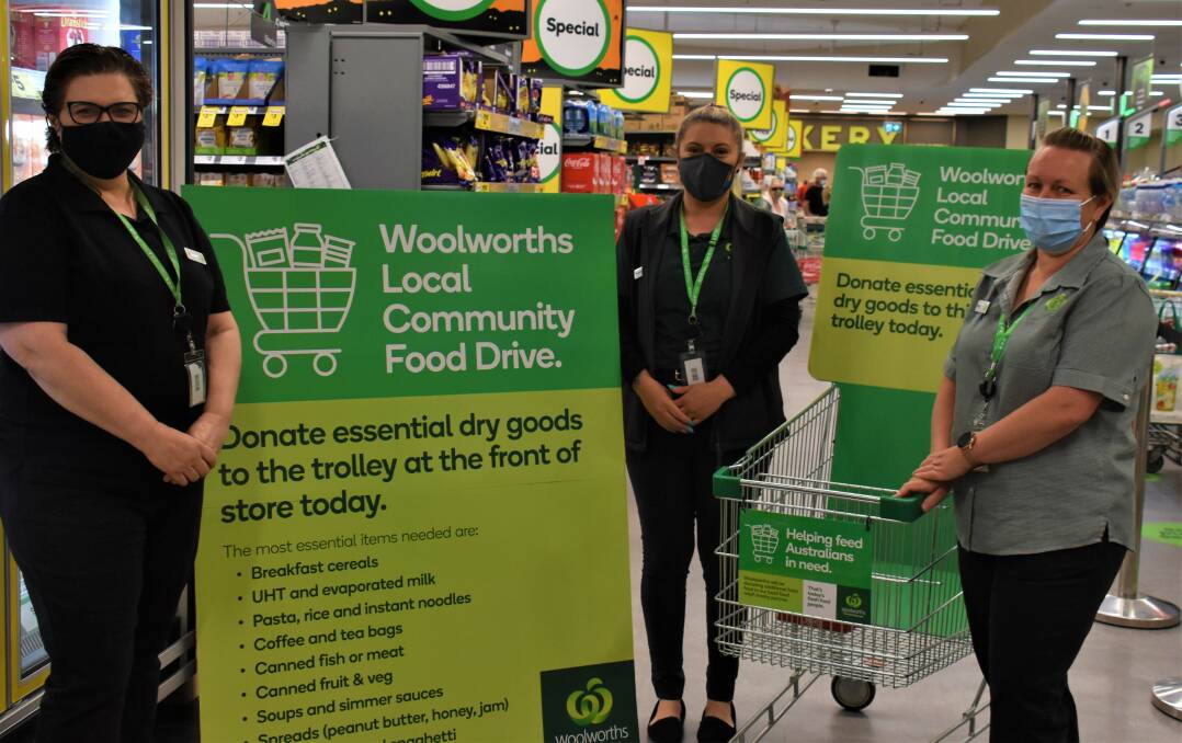 FOOD DRIVE: Woolworths Mudgee's Dianne Sleeman, customer service manager Kathleen Robbins and Kristy Horton. Picture: JAY-ANNA MOBBS