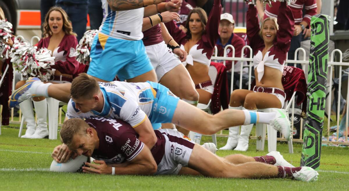EAGLE ROCK: Tom Trbojevic was instrumental in the Manly Warringah Sea Eagles' incredible performance on Saturday at Glen Willow Stadium. Photo: Simone Kurtz