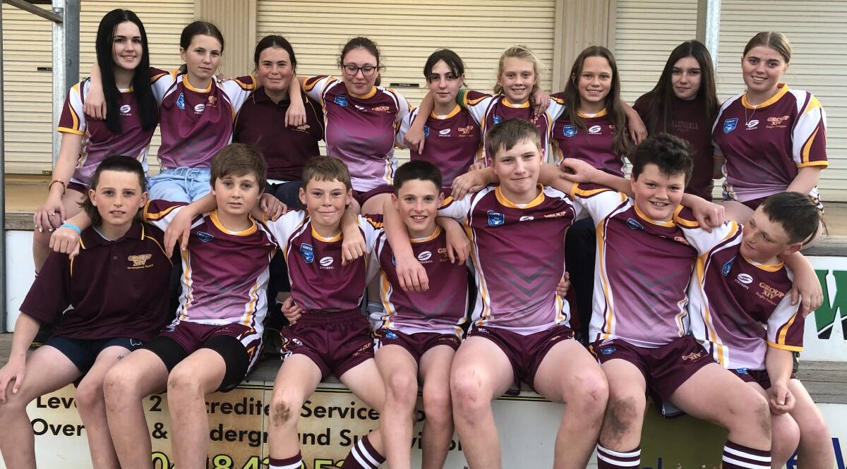 Sixteen of the 19 Gulgong Junior Rugby League players who recently earned representative honours. Picture: Supplied