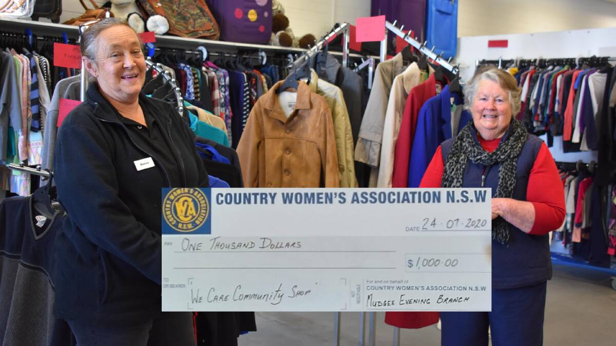 SUPPORTING EACH OTHER: We Care Community Shop manager, Donna Collins presented with a $1,000 donation from Barbara Gow and the Mudgee CWA Evening branch. Photo: Jay-Anna Mobbs
